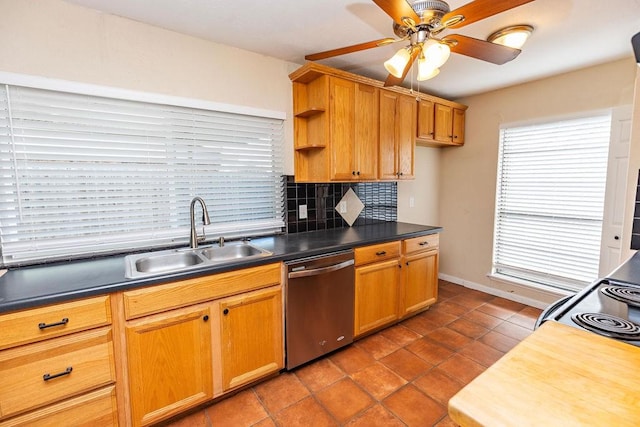 kitchen with sink, backsplash, dark tile patterned floors, stainless steel dishwasher, and ceiling fan