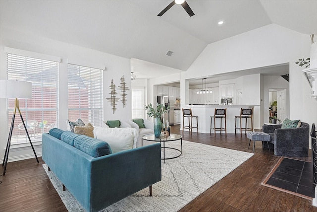 living room with vaulted ceiling, dark hardwood / wood-style floors, and plenty of natural light