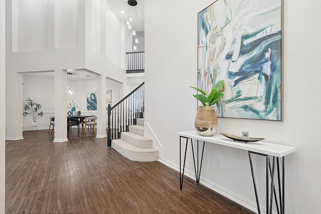 foyer featuring a high ceiling and dark hardwood / wood-style flooring