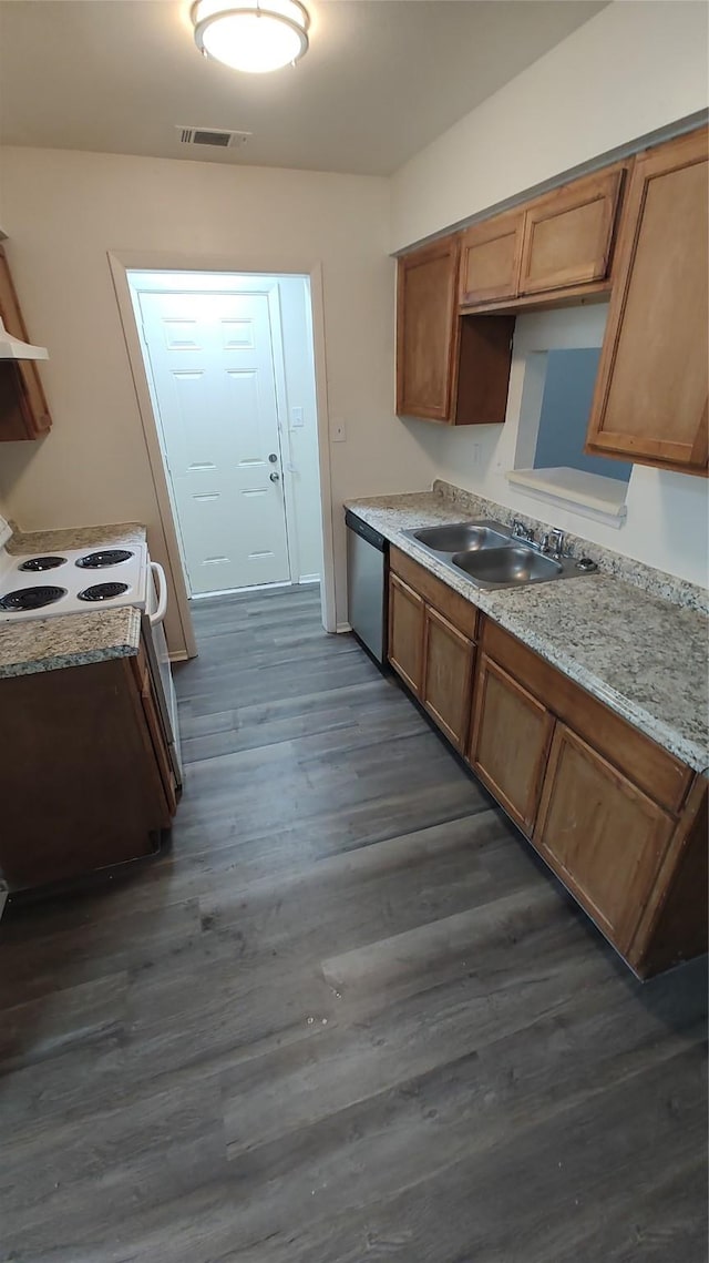 kitchen featuring white electric stove, sink, stainless steel dishwasher, and dark hardwood / wood-style flooring