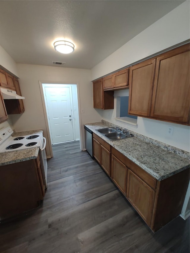 kitchen with sink, dishwasher, light stone counters, dark hardwood / wood-style flooring, and white electric stove