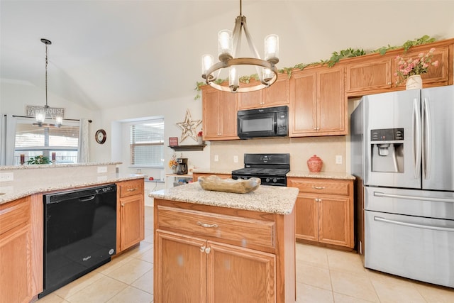 kitchen with black appliances, a kitchen island, decorative light fixtures, vaulted ceiling, and a chandelier