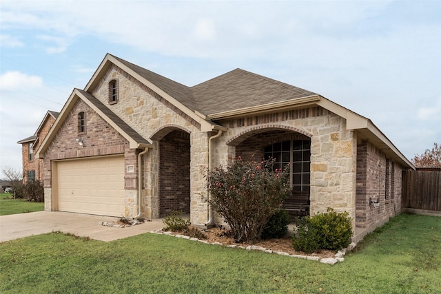 view of front facade with a garage and a front lawn