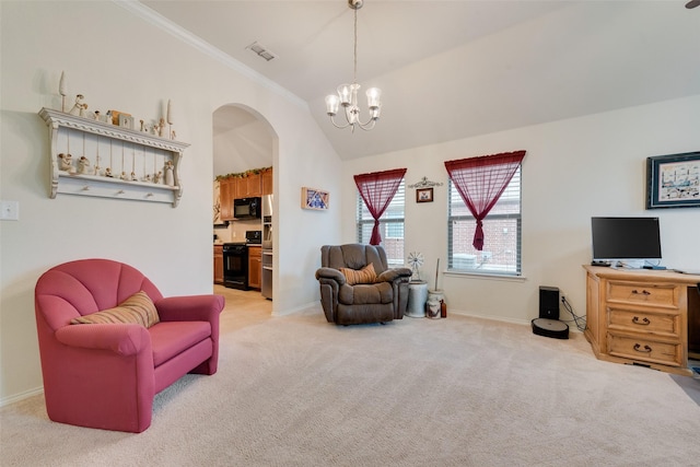 living room featuring an inviting chandelier, ornamental molding, vaulted ceiling, and light carpet