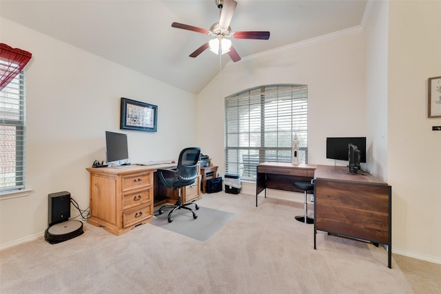 office featuring crown molding, a healthy amount of sunlight, light colored carpet, and ceiling fan