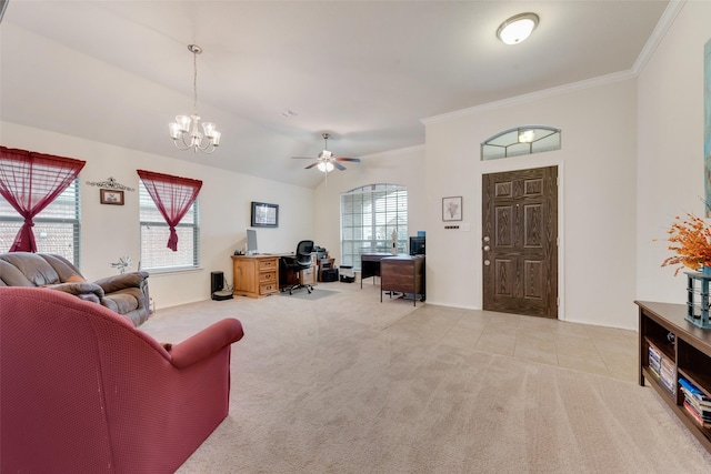 carpeted living room with ornamental molding, plenty of natural light, ceiling fan with notable chandelier, and lofted ceiling