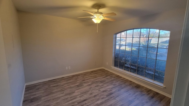 empty room featuring ceiling fan and dark hardwood / wood-style flooring