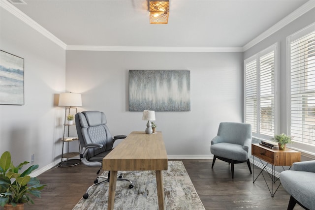 home office with ornamental molding, plenty of natural light, and dark hardwood / wood-style flooring