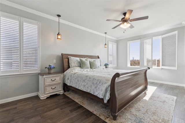 bedroom with ornamental molding, dark hardwood / wood-style floors, and ceiling fan