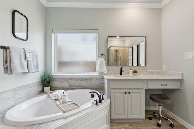 bathroom featuring crown molding, vanity, independent shower and bath, and hardwood / wood-style floors