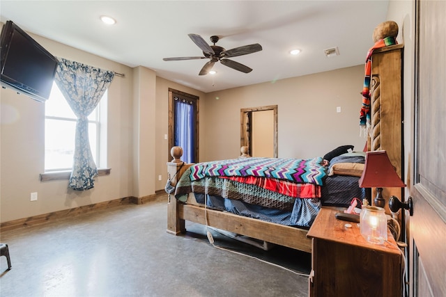 bedroom with baseboards, visible vents, ceiling fan, concrete floors, and recessed lighting