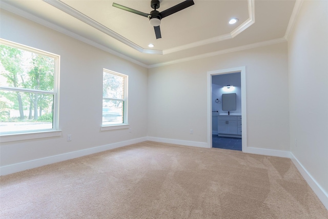 carpeted spare room with crown molding, ceiling fan, a raised ceiling, and a wealth of natural light