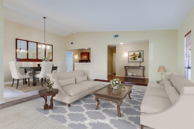 living room with carpet flooring, a chandelier, and vaulted ceiling with beams