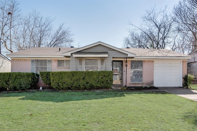 ranch-style home with a front lawn, concrete driveway, brick siding, and an attached garage