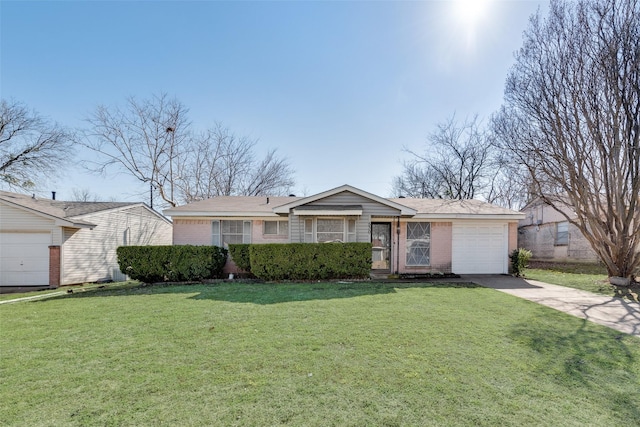 single story home with a garage, a front yard, concrete driveway, and brick siding