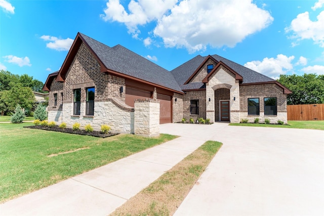 french country home featuring a garage and a front lawn