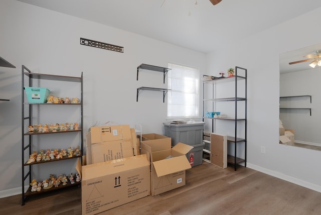 storage area featuring ceiling fan