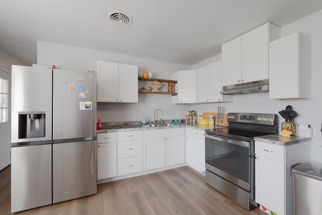 kitchen featuring sink, white cabinetry, light stone counters, light wood-type flooring, and stainless steel appliances