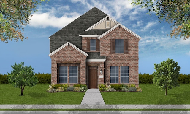 view of front of house featuring roof with shingles, brick siding, and a front lawn