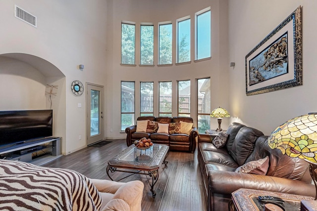 living room featuring a towering ceiling and dark hardwood / wood-style floors