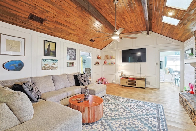 living room featuring ceiling fan, vaulted ceiling with skylight, wood ceiling, and light hardwood / wood-style flooring