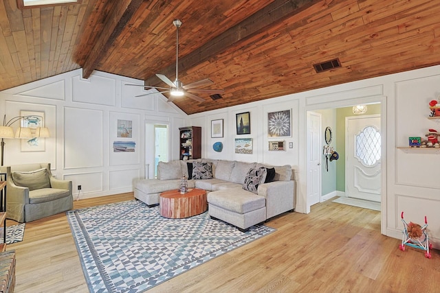 living room featuring light wood-type flooring, vaulted ceiling with beams, and wood ceiling