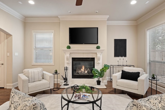 living room with hardwood / wood-style floors, a wealth of natural light, and a fireplace