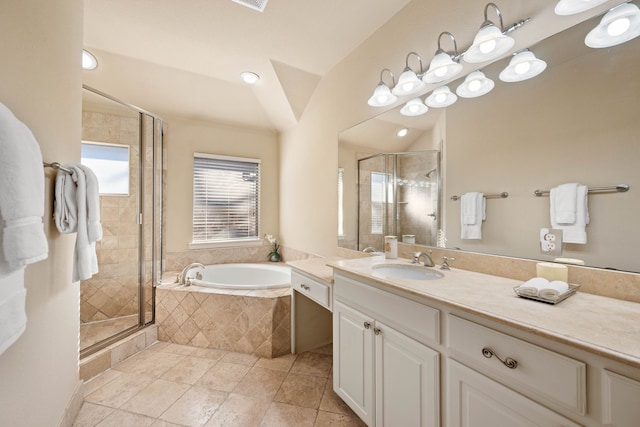 bathroom with vanity, lofted ceiling, and plus walk in shower