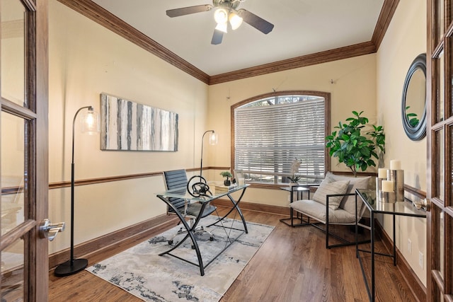 office area featuring ornamental molding, dark hardwood / wood-style floors, and ceiling fan