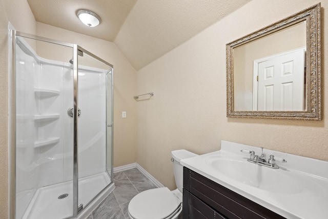 bathroom with lofted ceiling, vanity, walk in shower, toilet, and a textured ceiling