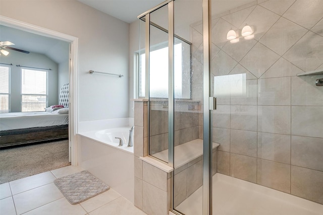 bathroom with ceiling fan, tile patterned floors, and independent shower and bath