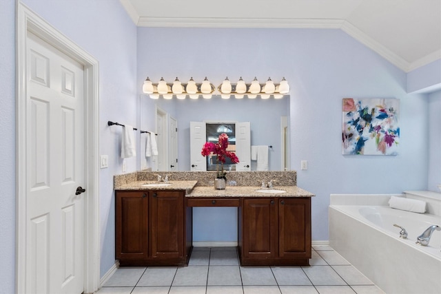 bathroom featuring vanity, a bathtub, vaulted ceiling, and ornamental molding