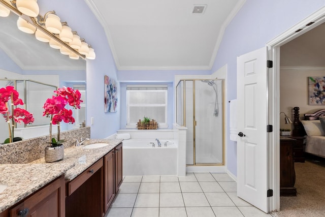 bathroom with lofted ceiling, crown molding, vanity, plus walk in shower, and tile patterned flooring