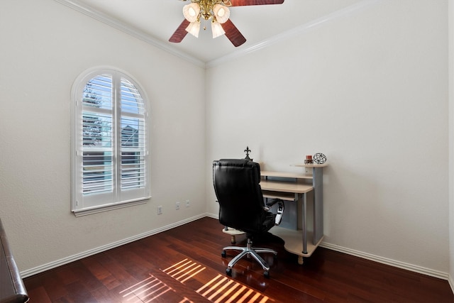 home office with ceiling fan, baseboards, wood finished floors, and crown molding