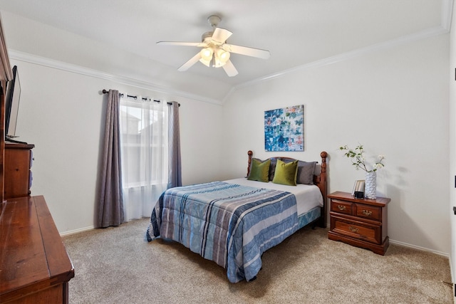 bedroom with light colored carpet, vaulted ceiling, ornamental molding, and ceiling fan