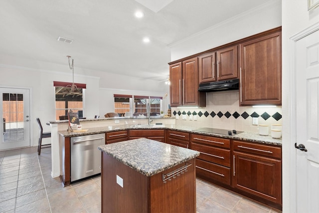 kitchen with tasteful backsplash, under cabinet range hood, a peninsula, stainless steel dishwasher, and a sink