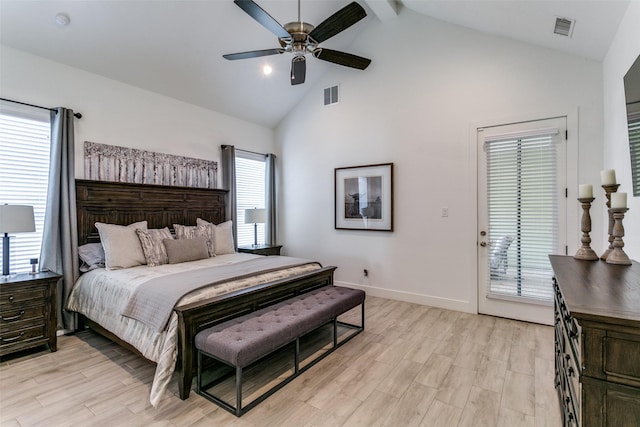 bedroom with ceiling fan, high vaulted ceiling, light hardwood / wood-style flooring, and access to outside