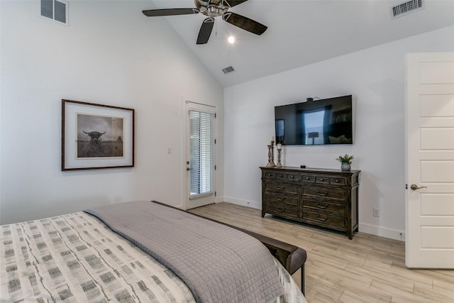 bedroom with high vaulted ceiling, access to outside, ceiling fan, and light hardwood / wood-style flooring