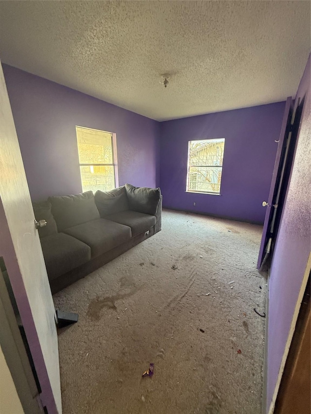 unfurnished living room with carpet, a wealth of natural light, and a textured ceiling