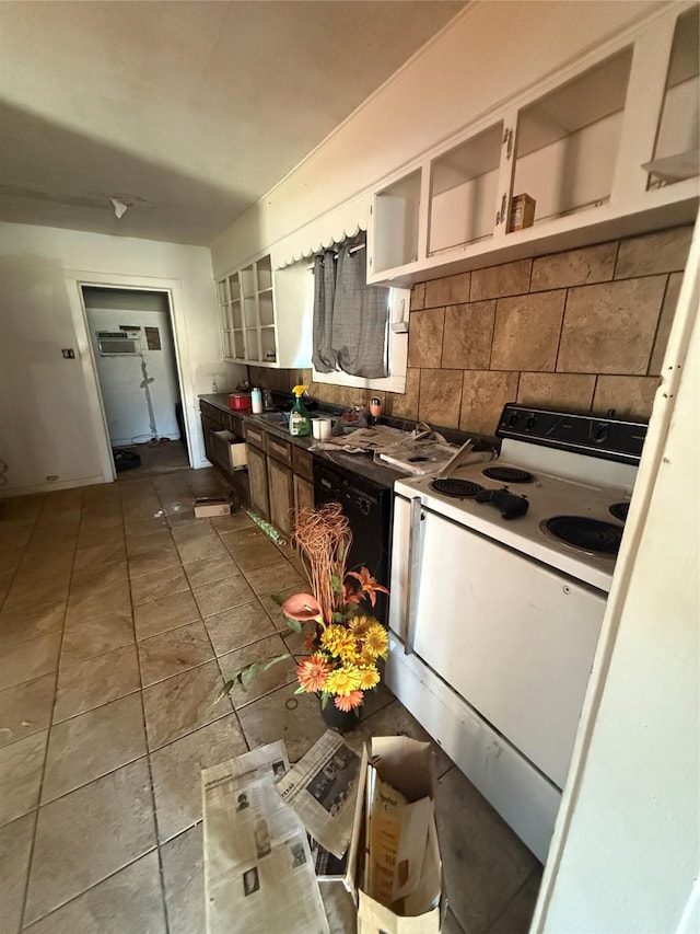 kitchen featuring tasteful backsplash, electric range, white cabinetry, and dishwasher