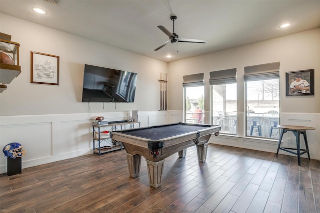 game room featuring dark hardwood / wood-style floors, pool table, and ceiling fan