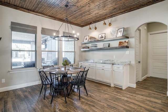 dining space featuring a notable chandelier, plenty of natural light, dark hardwood / wood-style floors, and wooden ceiling