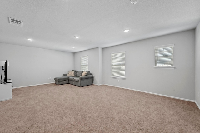 unfurnished room with light colored carpet, a healthy amount of sunlight, and a textured ceiling