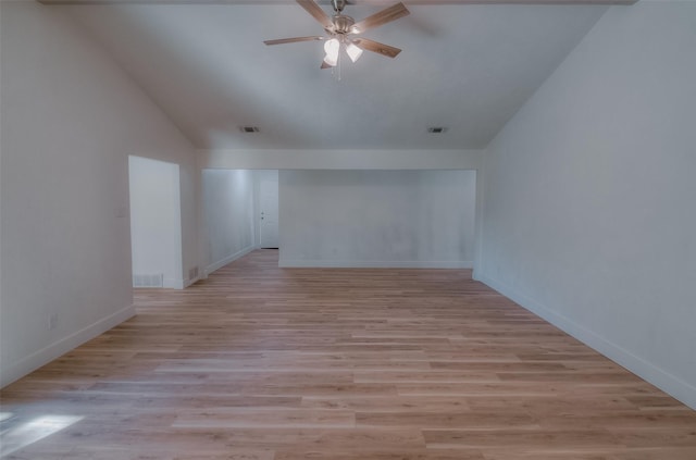 unfurnished room featuring ceiling fan, lofted ceiling, and light hardwood / wood-style flooring