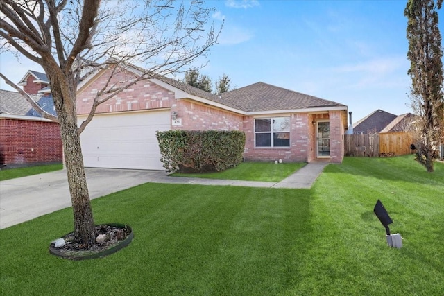 ranch-style home featuring a garage and a front yard