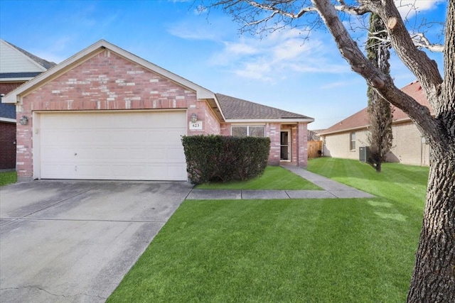 ranch-style house featuring a garage, a front lawn, and central air condition unit