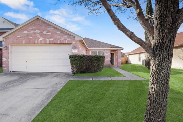 ranch-style house featuring a garage, a front yard, and cooling unit