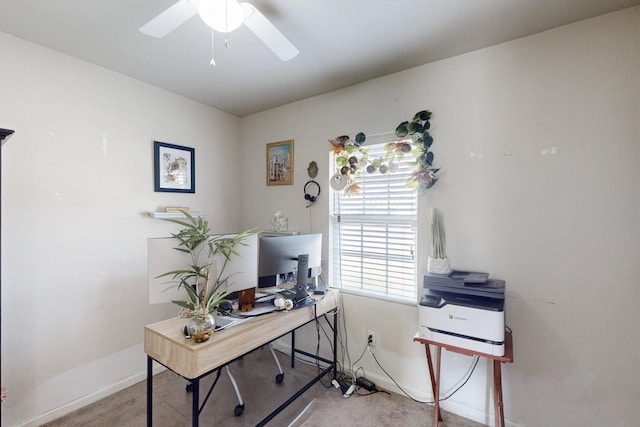 office featuring ceiling fan and carpet flooring