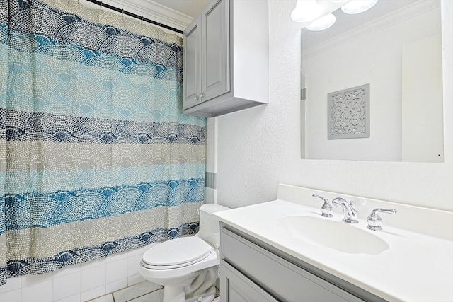 bathroom with walk in shower, tile patterned floors, toilet, ornamental molding, and vanity