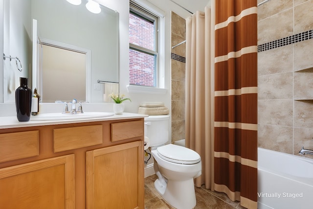 full bathroom with tile patterned flooring, vanity, shower / bath combination with curtain, and toilet